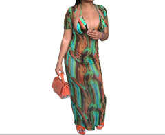 Sheer Floral Mesh Bikini Cover Up Maxi Dress  Beach Swimsuit Dress