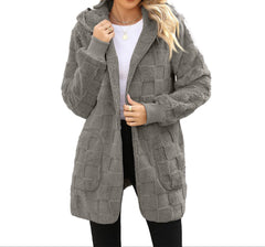 Gray Women’s Plus Size Plaid Hooded Cardigan Cozy Fall Sweater with Pockets