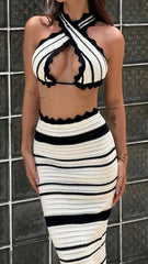 Beach-Ready in Style: Knitted 2pcs Striped Bikini Dress Set