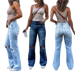 Women’s Ripped Stretch Baggy Jeans  Medium Wash Mid-Rise Flap Pocket Bootcut Denim