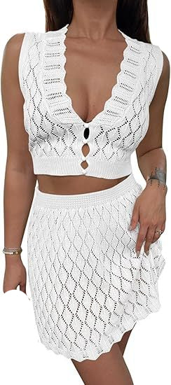 Women’s Summer Crochet Skirt Set Hollow Out Beach Cover Up Tank Top & Skirt Outfit