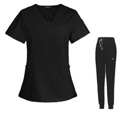 Women's Black Evolve Cargo Drawstring Jogger Scrub Set V-Neck & Short-Sleeved Nurse Outfit