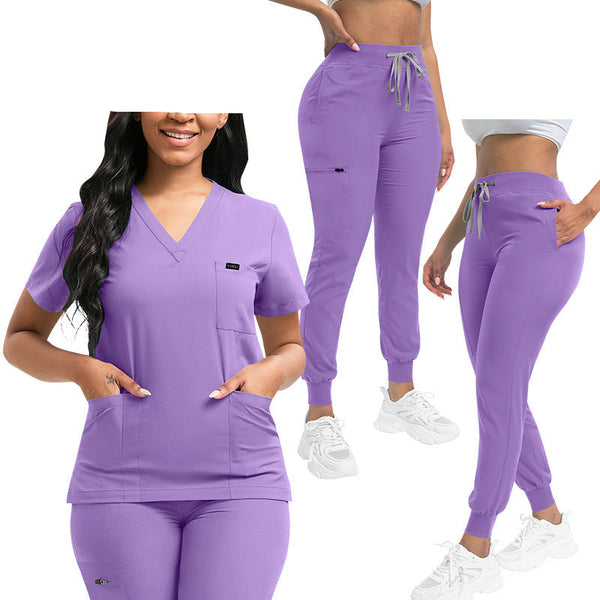 Lavender Plus Size Essential Multi-Pocket V-Neck Scrub Set for Women - Top and Bottom