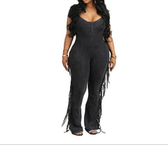 Plus Size Black Women’s Fringe Jumpsuit  Slim Fit Mid Waist Elegant One-Piece Outfit