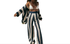 Chic Vibe Women's Knitted Striped Lounge Set – V-Neck Hollow Top & Wide Leg Pants