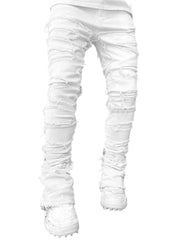 White Men's Stretch Patch Denim Straight Leg Pants Comfortable Jeans with Unique Design