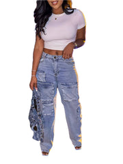 Blue  Women's Fashion Denim Multi-Pocket Cargo Jeans - Trendy, Comfortable & Stylish Jeans for Women