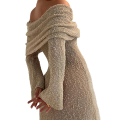 Women’s One-Shoulder Long Sleeve Sweater Maxi Dress