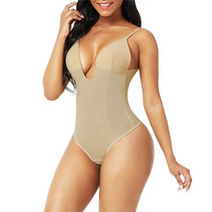 Beige Women’s U-Plunge Backless Shapewear Bodysuit – Built-In Bra & Tummy Control Thong