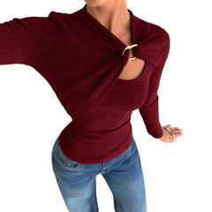 Red Wine Women’s Asymmetrical Long-Sleeve Slim Fit Top