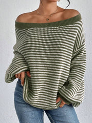 Plus Size Green Women’s Off-Shoulder Fold over Contrast Sweater Trendy Knit Top