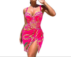 Pink Women's One Piece Two Piece Bikini Set Printed Slim Fashion Swimsuit Blouse Style