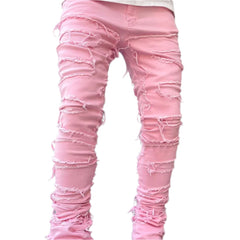 Mauve/Salmon Pink  Men's Stretch Patch Denim Straight Leg Pants Comfortable Jeans with Unique Design