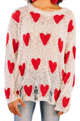 Women’s Plus Size Heart Knit Distressed Sweater  Long Sleeve Pullover