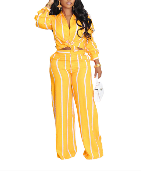 Yellow Mother's Day Chic Stripe Lounge Set Women's Striped Top & Loose Pants