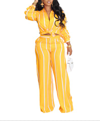 Yellow Mother's Day Chic Stripe Lounge Set Women's Striped Top & Loose Pants