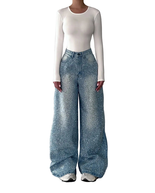 High Rise Wide Leg Jeans for Women with Crystal Embellishments