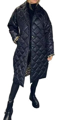 Black Women's Diamond Quilted Puffer Coat Packable Long Jacket