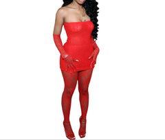 Red Valentine's Day Chic Women's Sleeveless Lace Tank Top Dress & Leggings Set