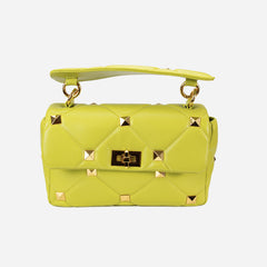 Yellow Luxe Glam Diamond Quilted Convertible Satchel Studded Shoulder Bag for Women