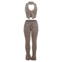 Backless Halter Top & Straight Leg Pant Set Ruched Slinky Style
