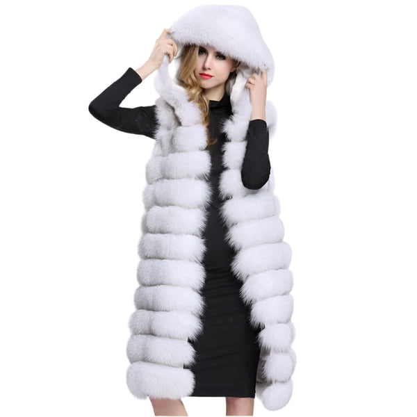White Women's Faux Fur Hooded Long Vest Luxury Sleeveless Jacket