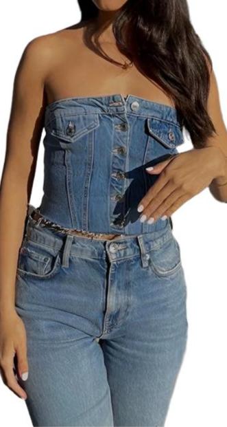 Women's 2024 Summer Trendy Tatter Denim Button Tube Top
