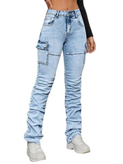 Women’s Light Wash Distressed Cargo Stacked Jeans