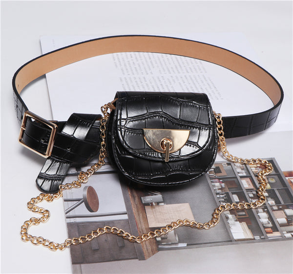 Women's Black Chic Link Belt Pouch Bag