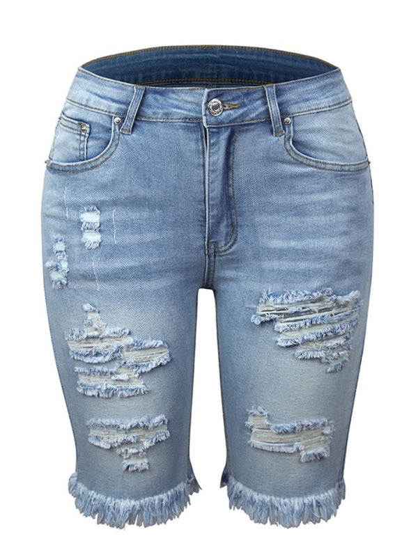 Women’s Blue Plus Size Casual Jean Shorts Stretch Cotton Mid-Rise Super Destroyed Denim Shorts