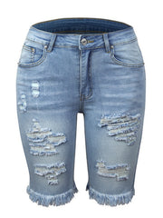 Women’s Blue Plus Size Casual Jean Shorts Stretch Cotton Mid-Rise Super Destroyed Denim Shorts