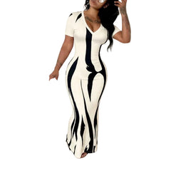 Plus Size Black Print Women's Chic Casual V-Neck Slim-Fit Short Sleeve Printed Maxi Dress