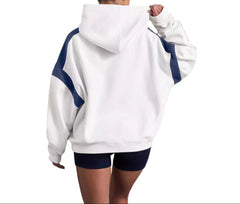 Women's Oversized Fleece Lounge Hoodie Contrast Stripe Pullover Sweatshirt