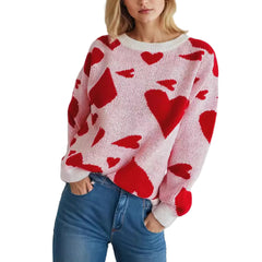 Women’s Round Crew Neck Heart Pullover Sweet College Style