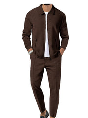 Brown Men's Slim Fit Tracksuit – Soft Cotton Blend Zip Jacket & Sweatpants Set