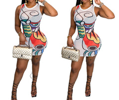 Graphic Glamour: Women's Sleeveless Slim Fit Mesh Dress for Stylish Statements
