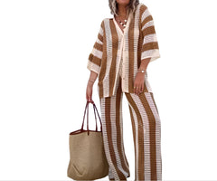 Chic Vibe Women's Knitted Striped Lounge Set – V-Neck Hollow Top & Wide Leg Pants