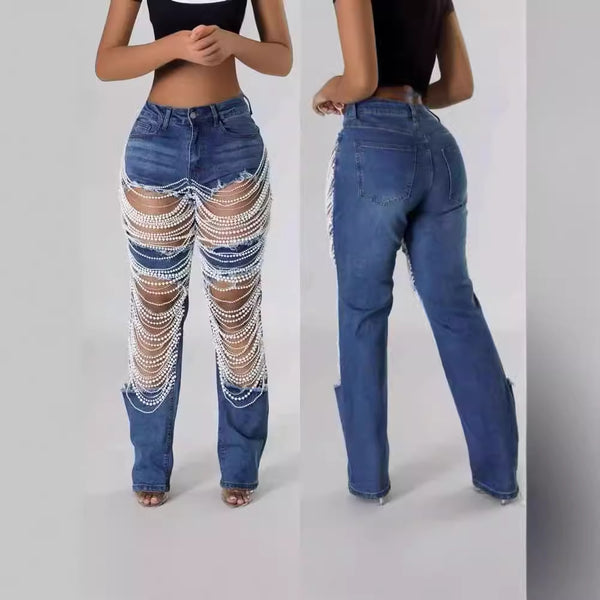 Dark Blue Women's Distressed Ripped Jeans with  Pearls & Chain Accs.