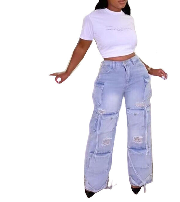 Women's Retro Wide-Leg Destressed Cargo Jeans  Multi-Pocket Casual Denim Pants