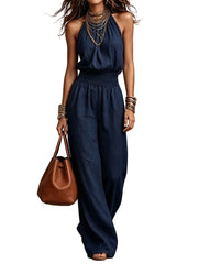 Navy Blue Women's Halter Neck Jumpsuit Wide Leg Pants Elegant Sleeveless One-Piece Outfit