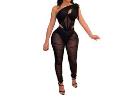 Ruffle Mesh Two-Piece Clubwear Set – Cut-Out Crop Tank Top & Flare Pants