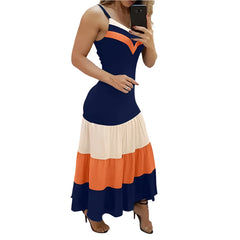 Coastal Color Block Maxi Dress V-Neck Flowy Summer Beach Vacation Outfit