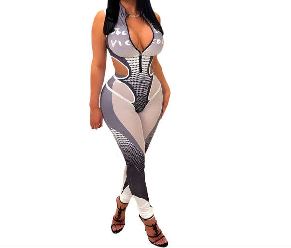 Women’s Hollow Print Mesh Stitching Casual Jumpsuit Set Trendy & Comfortable Outfit for Everyday Active Wear