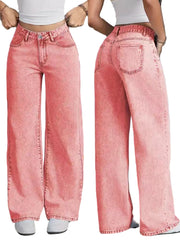 Pink Ladies’ Wide High Jeans – Relaxed Fit, Stretchy & Draped Style Sizes S-2XL