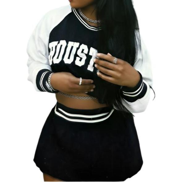 Athleisure Vibe Women's Varsity Cropped Long Sleeve Sweater Mini Skirt Set