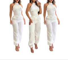 White Women's 2-Piece Halter Neck Set – High Waist Pants & Top Summer Outfit