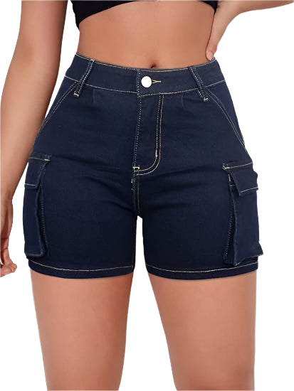 Dark Blue Plus Size Women’s Super High-Waisted Denim Shorts Lightweight Relaxed Fit Mid-Thigh Jean Shorts