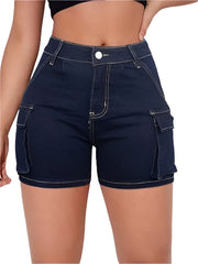 Dark Blue Plus Size Women’s Super High-Waisted Denim Shorts Lightweight Relaxed Fit Mid-Thigh Jean Shorts