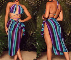 Seaside Sophistication: Dive into Fashion with our Striped Bikini and Beach Dress Set