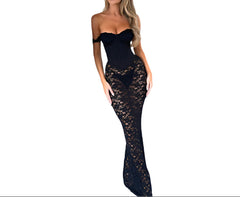 Black Luxury Tube Top Maxi Dress – Elegant Lace Skirt & Fishbone Corset Waist